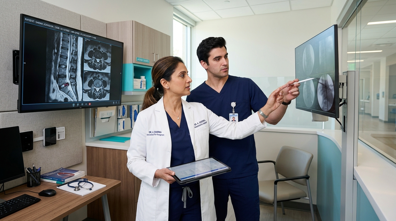 Board-Certified Interventional Pain Specialists Reviewing Fluoroscopic Imaging