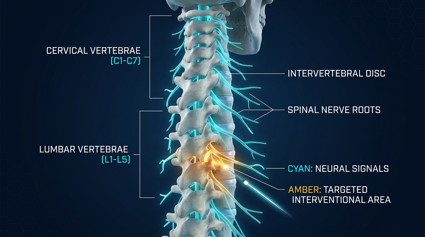 3D Anatomical Spine Model Showing Cervical and Lumbar Epidural Nerve Targeting
